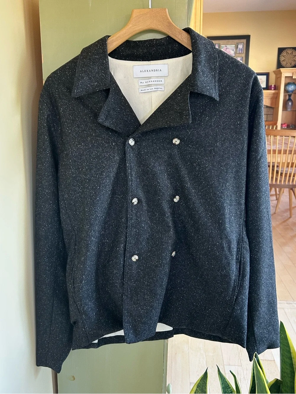 Alexandria Men’s Black Speckled Wool-Blend Double-Breasted Jacket Size Medium